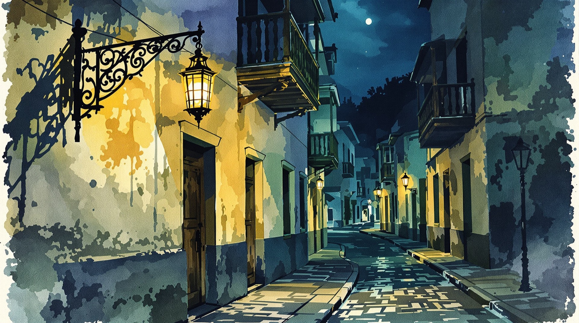 Ilustración contemporánea de un farol de aceite colgado en la esquina de una calle colonial de noche