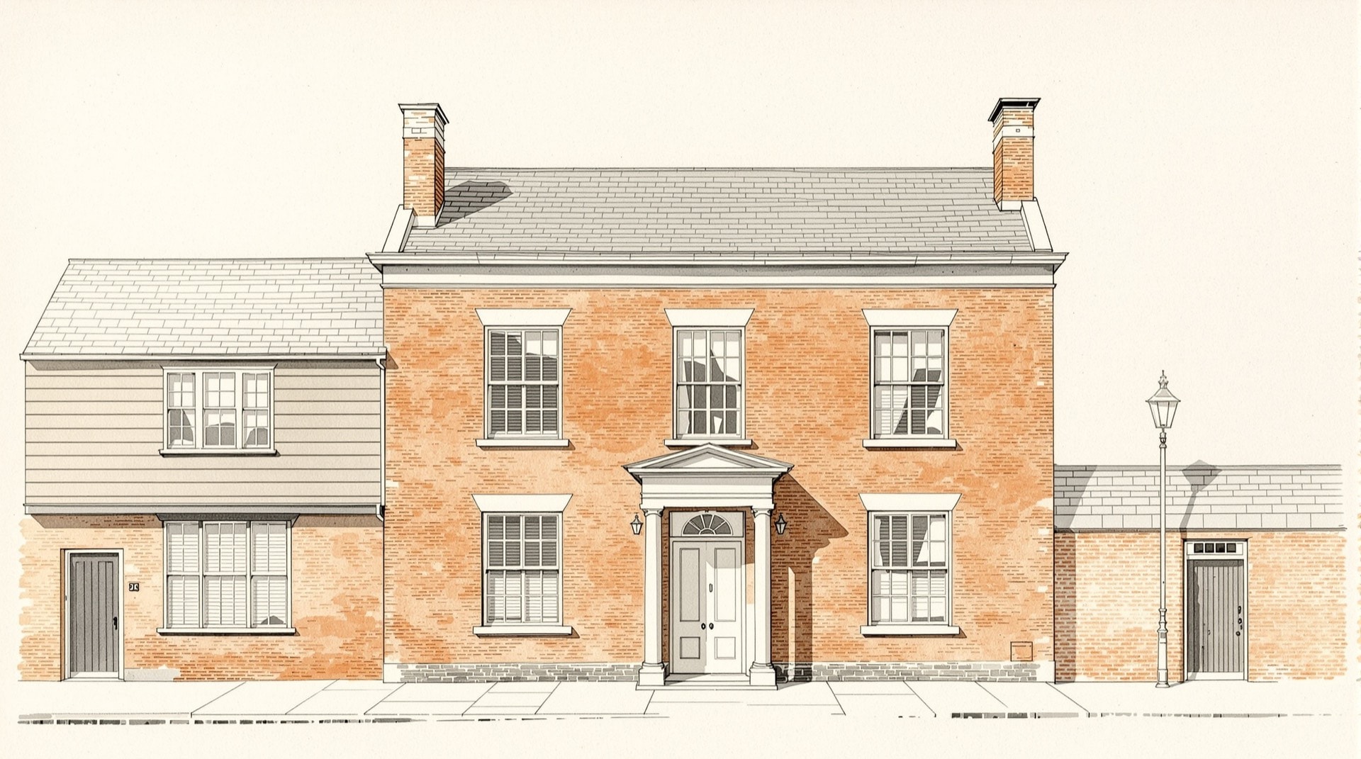 Ilustración contemporánea del frontis de una casona de ladrillo y madera de los años veinte frente a una plaza limeña