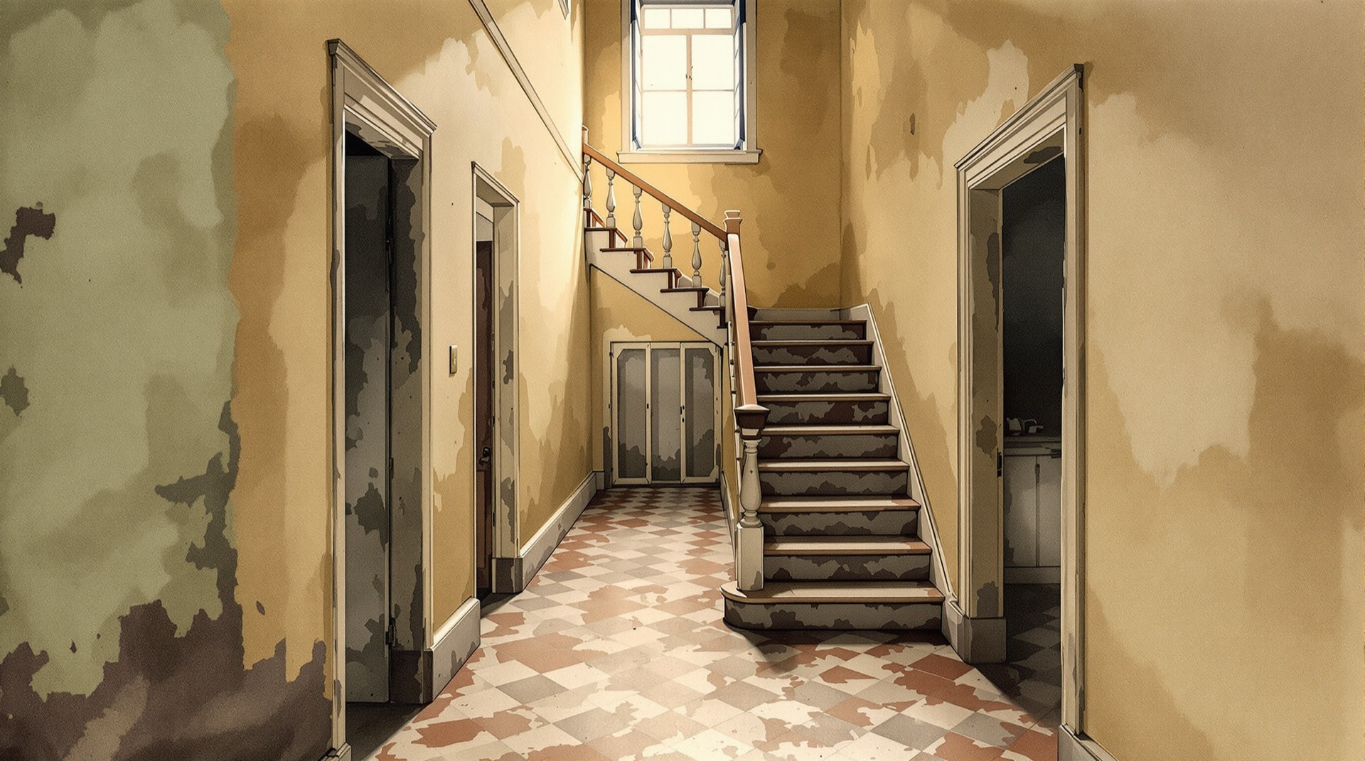 Ilustración contemporánea de un corredor central de casona con habitaciones a ambos lados y una escalera de madera