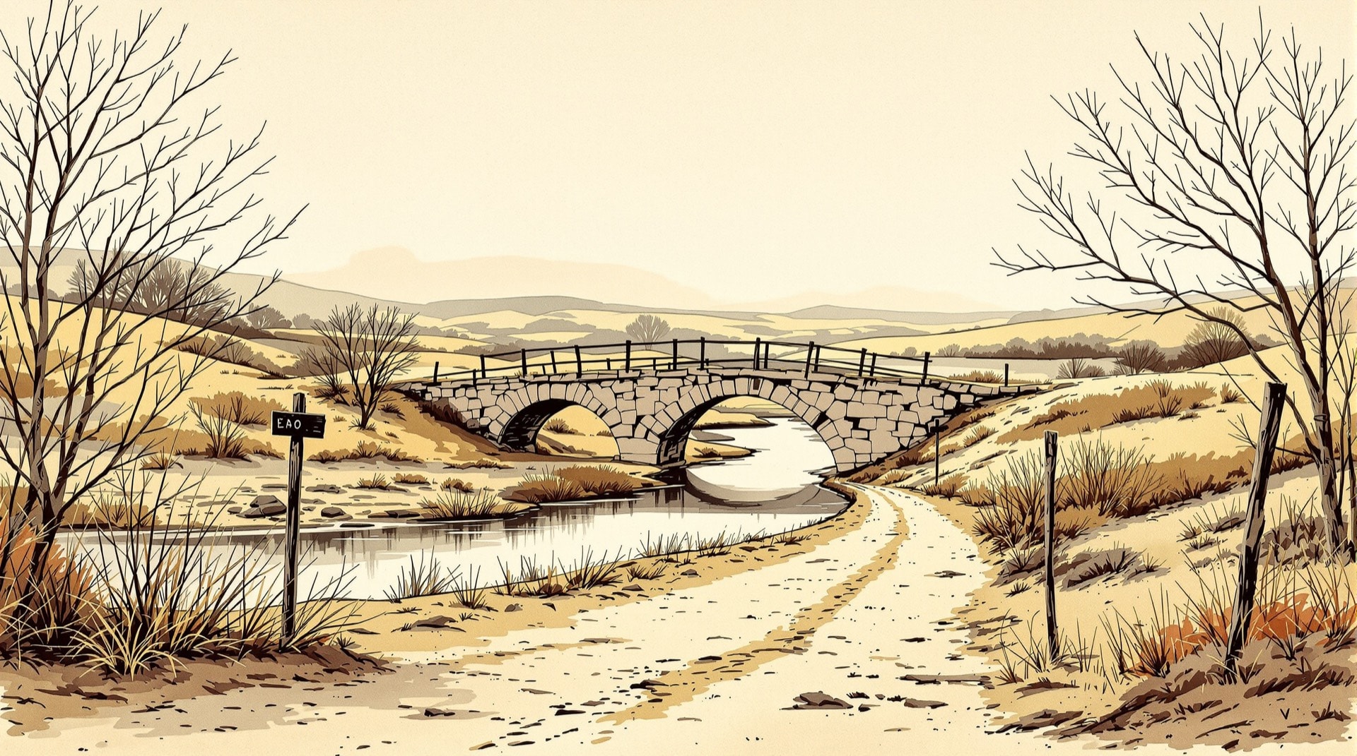 Ilustración contemporánea de un cruce de caminos rurales con un puente de piedra y postes indicadores