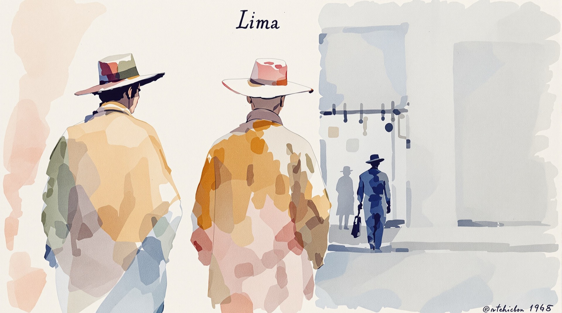Ilustración contemporánea al estilo de una acuarela costumbrista del siglo XIX, con figuras de calle vistas de espaldas