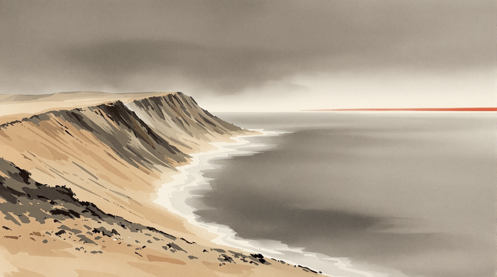 Ilustración contemporánea de un promontorio costero desértico sobre el mar, al amanecer
