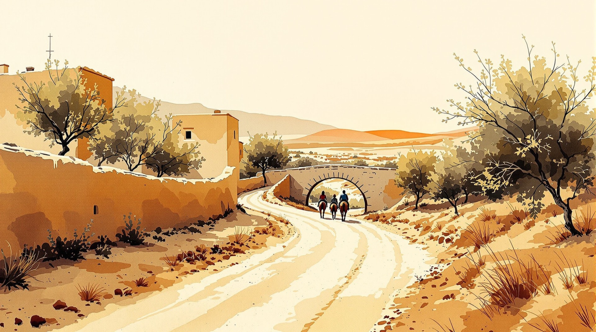 Ilustración contemporánea de un camino rural colonial entre haciendas, con un puente de piedra al fondo