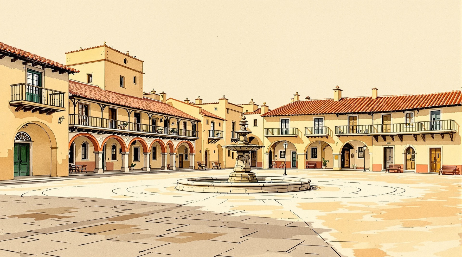 Ilustración contemporánea de una plaza mayor colonial con soportales y una fuente central