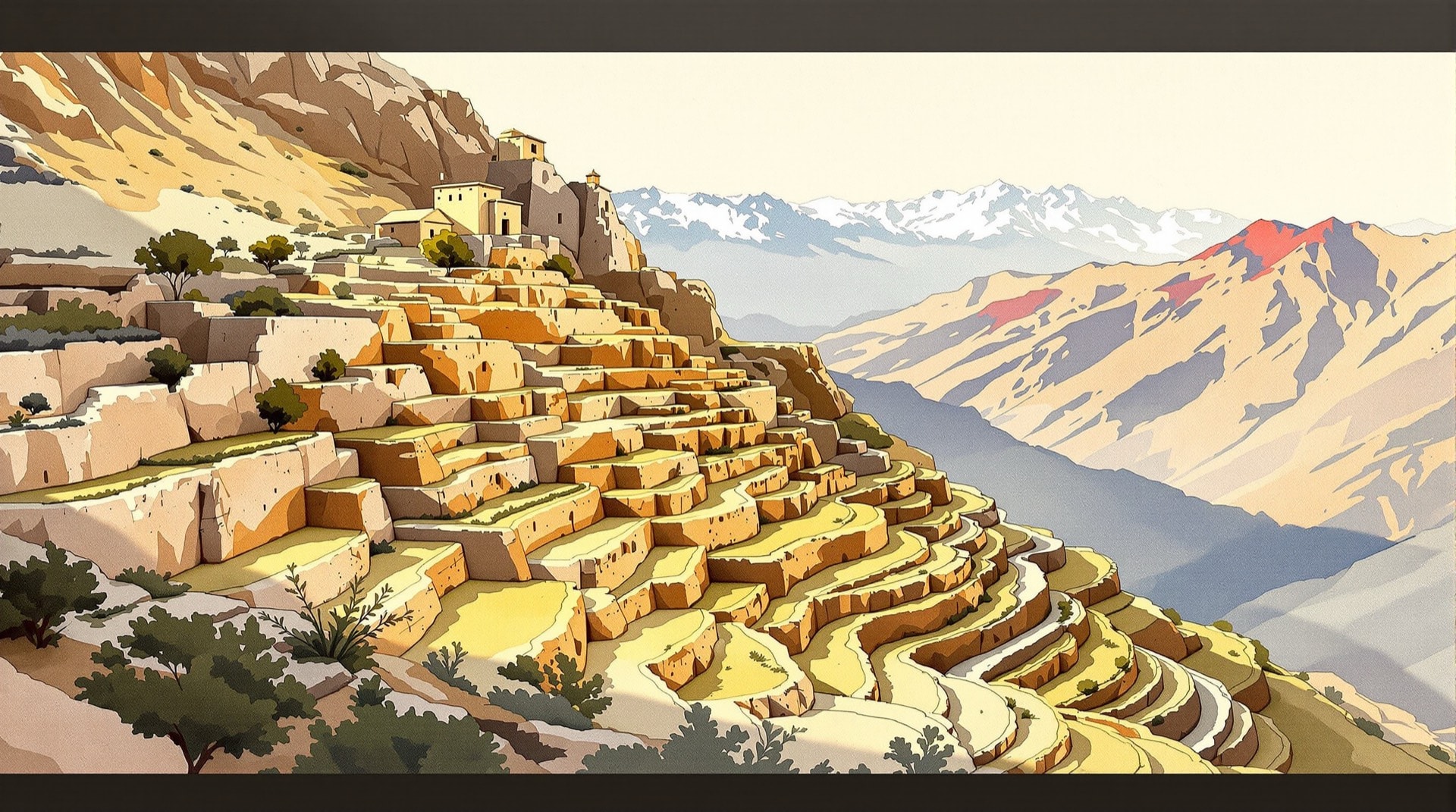 Ilustración contemporánea de andenes agrícolas incas descendiendo por una ladera andina