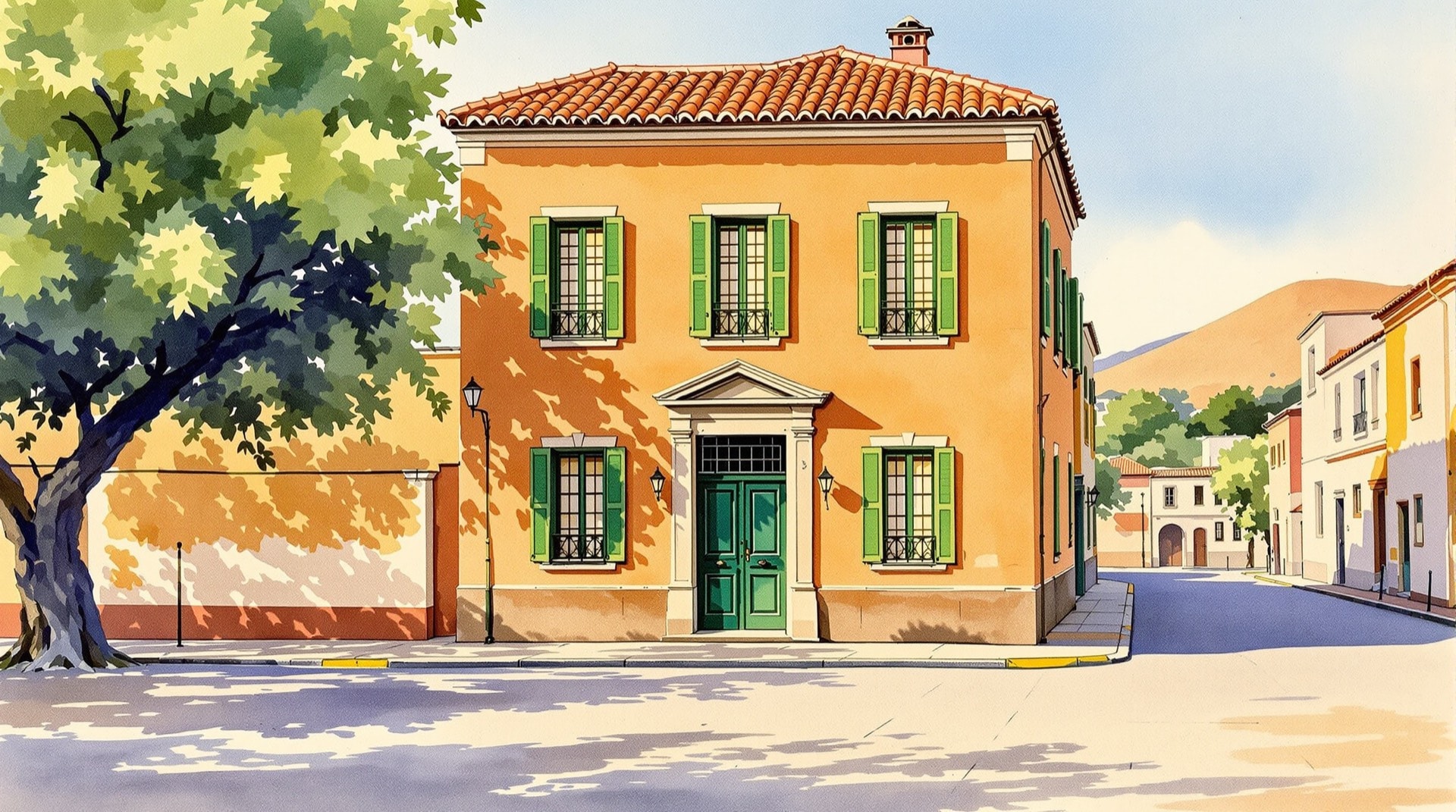 Ilustración contemporánea de una casona limeña de los años veinte frente a una plaza del centro histórico