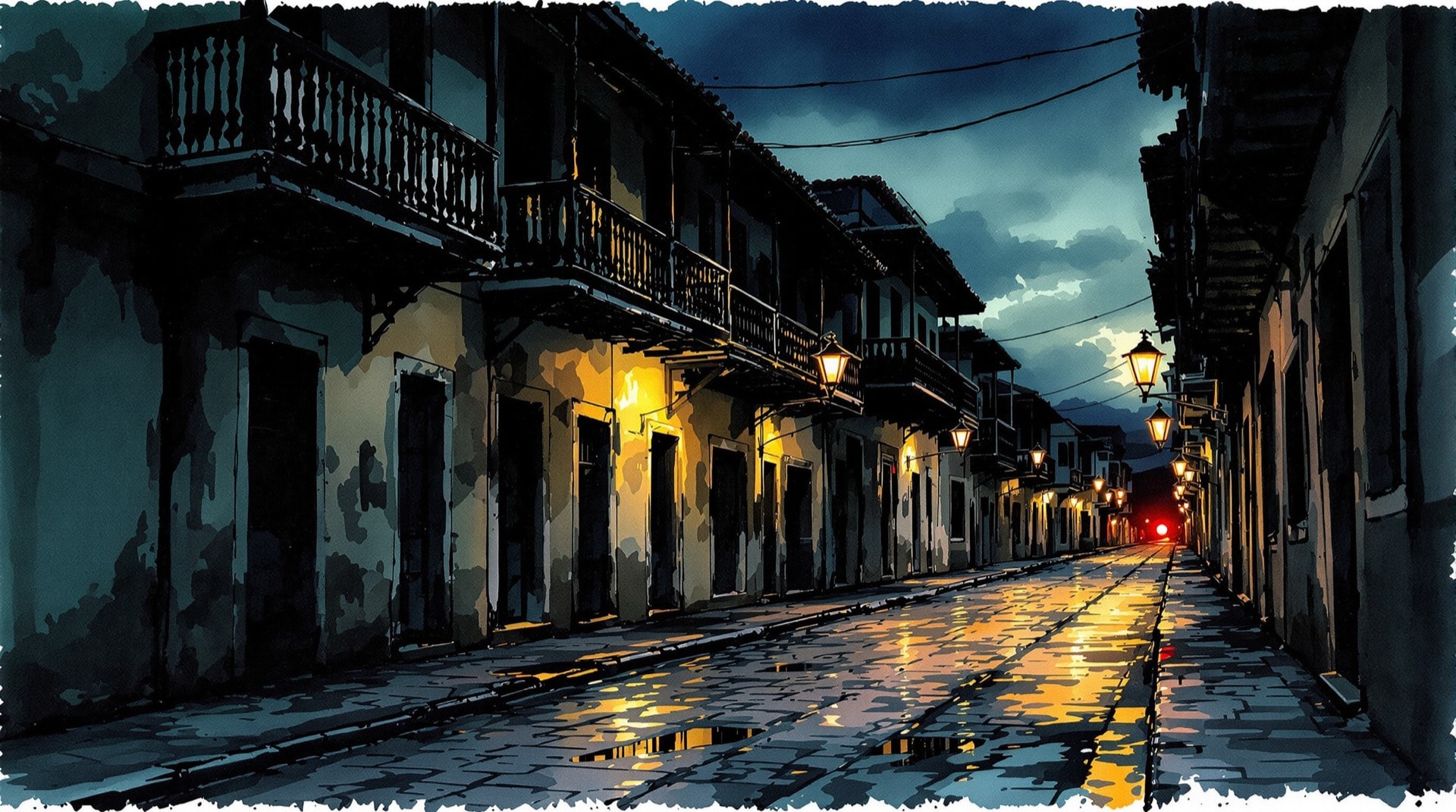 Ilustración contemporánea de una calle empedrada del centro de Lima al anochecer, con faroles encendidos