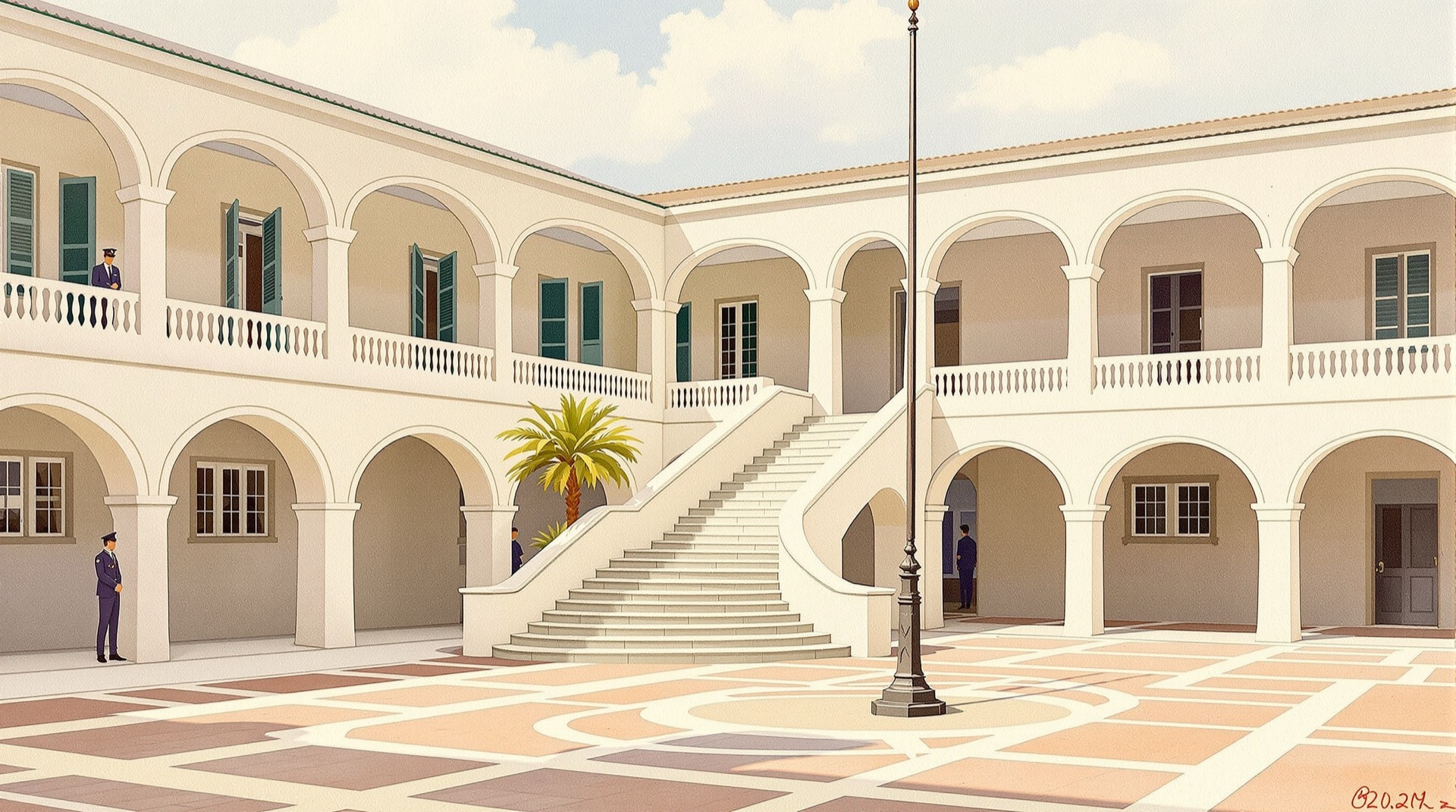 Ilustración contemporánea del patio de un edificio académico de los años veinte con arcadas y una escalinata