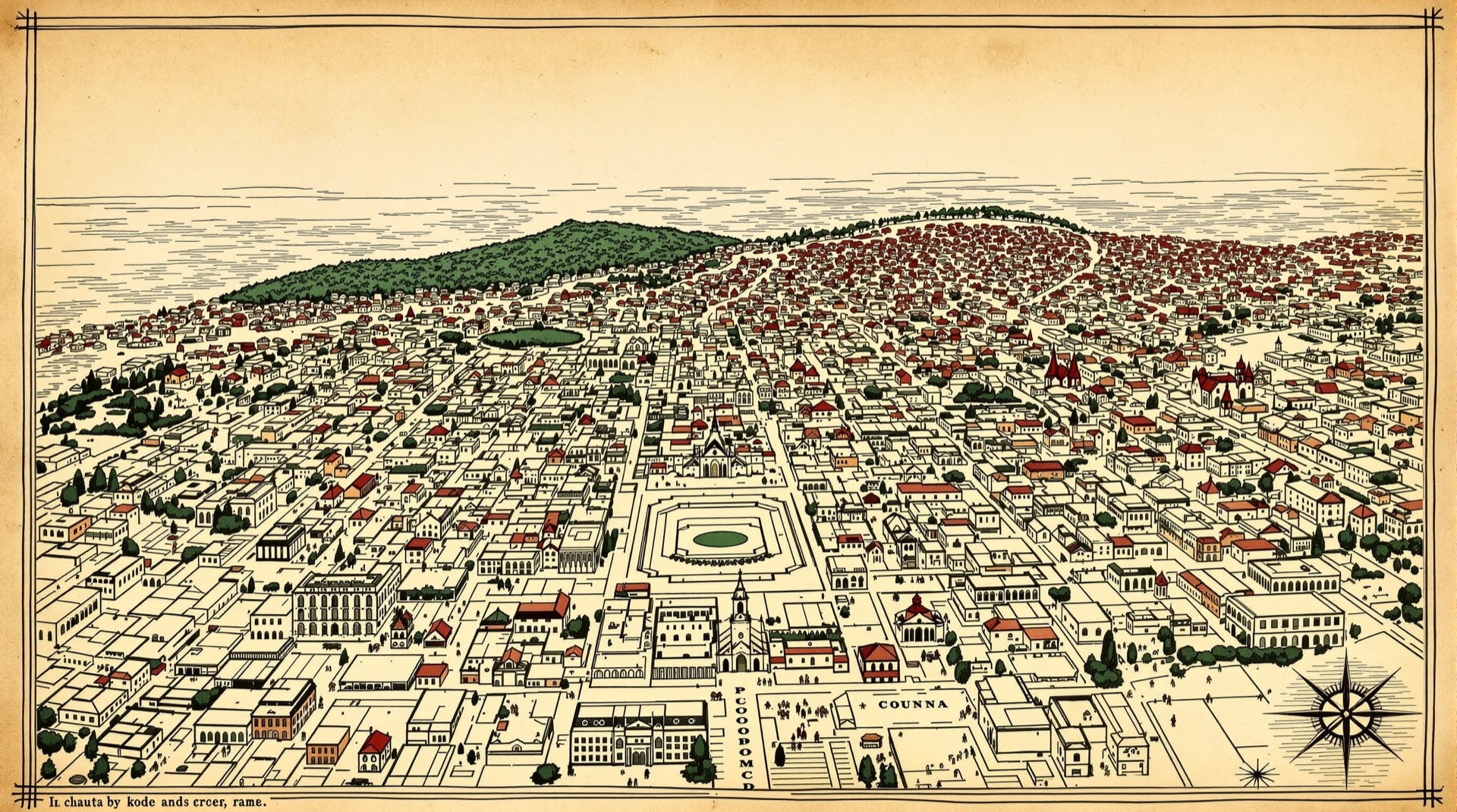Ilustración contemporánea de un plano estilizado del centro histórico de Lima con manzanas y una plaza destacada