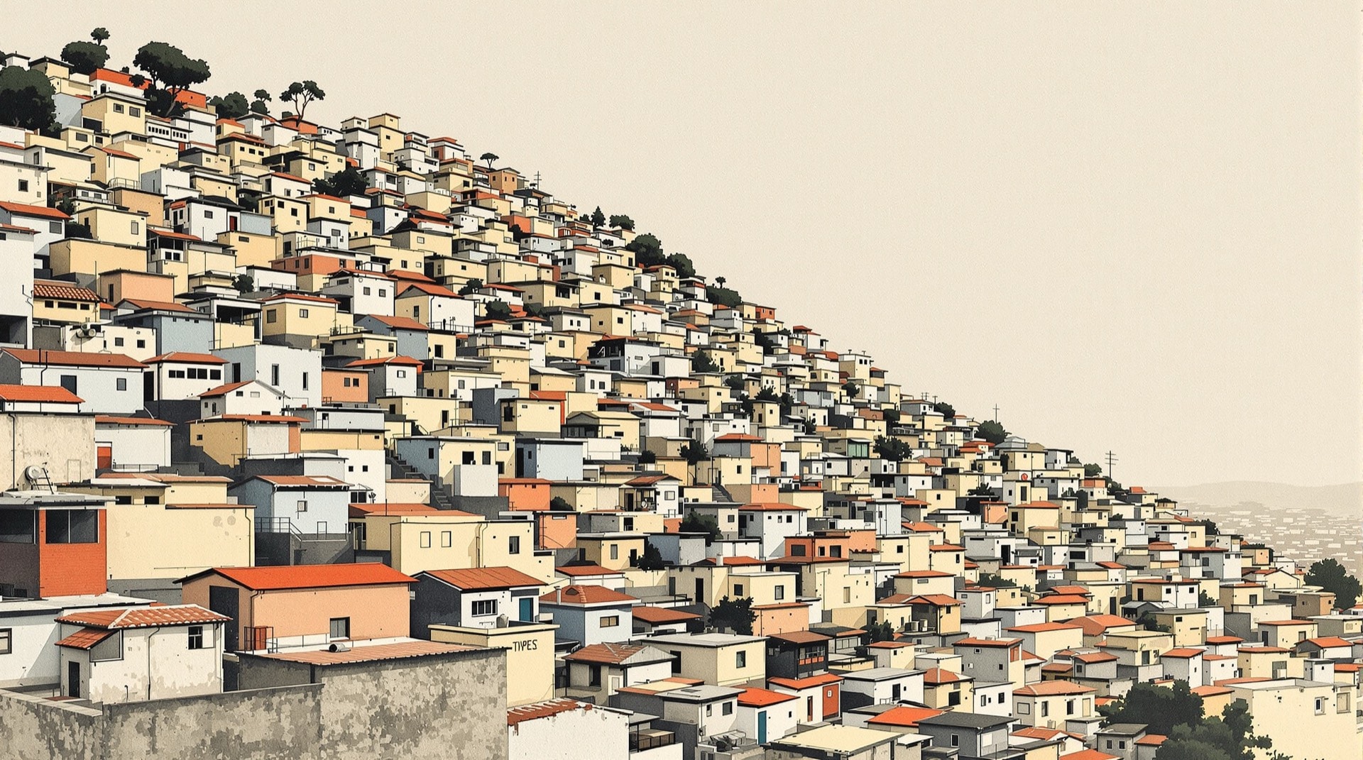 Ilustración contemporánea de una ladera de Lima cubierta de viviendas autoconstruidas bajo un cielo gris