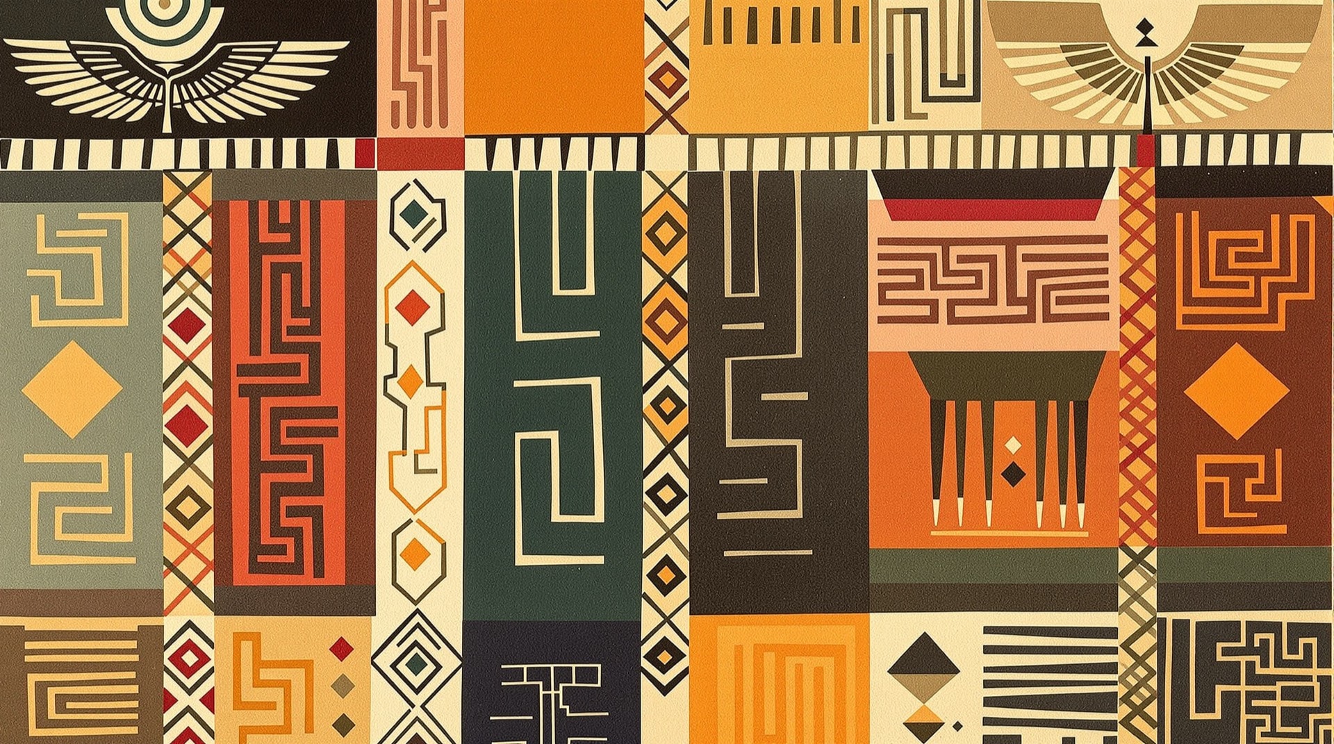 Ilustración contemporánea inspirada en motivos textiles andinos antiguos, con figuras geométricas estilizadas