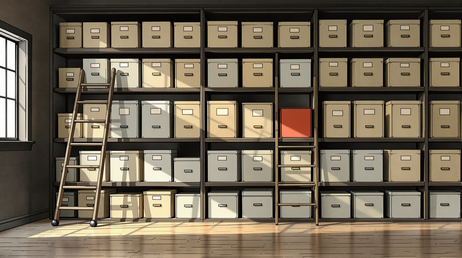Ilustración contemporánea de una estantería de archivo con cajas documentales cerradas y una escalera de mano