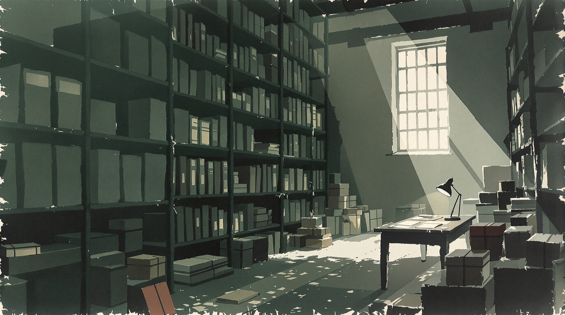 Ilustración contemporánea de un depósito de archivo con cajas documentales y estanterías metálicas