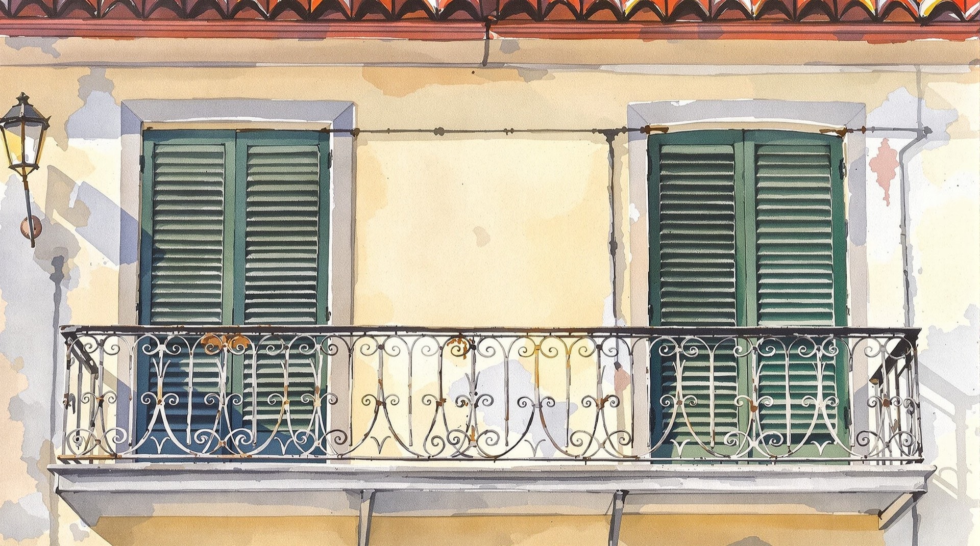 Ilustración contemporánea de un balcón de hierro forjado y contraventanas de madera en una casa limeña del siglo XIX
