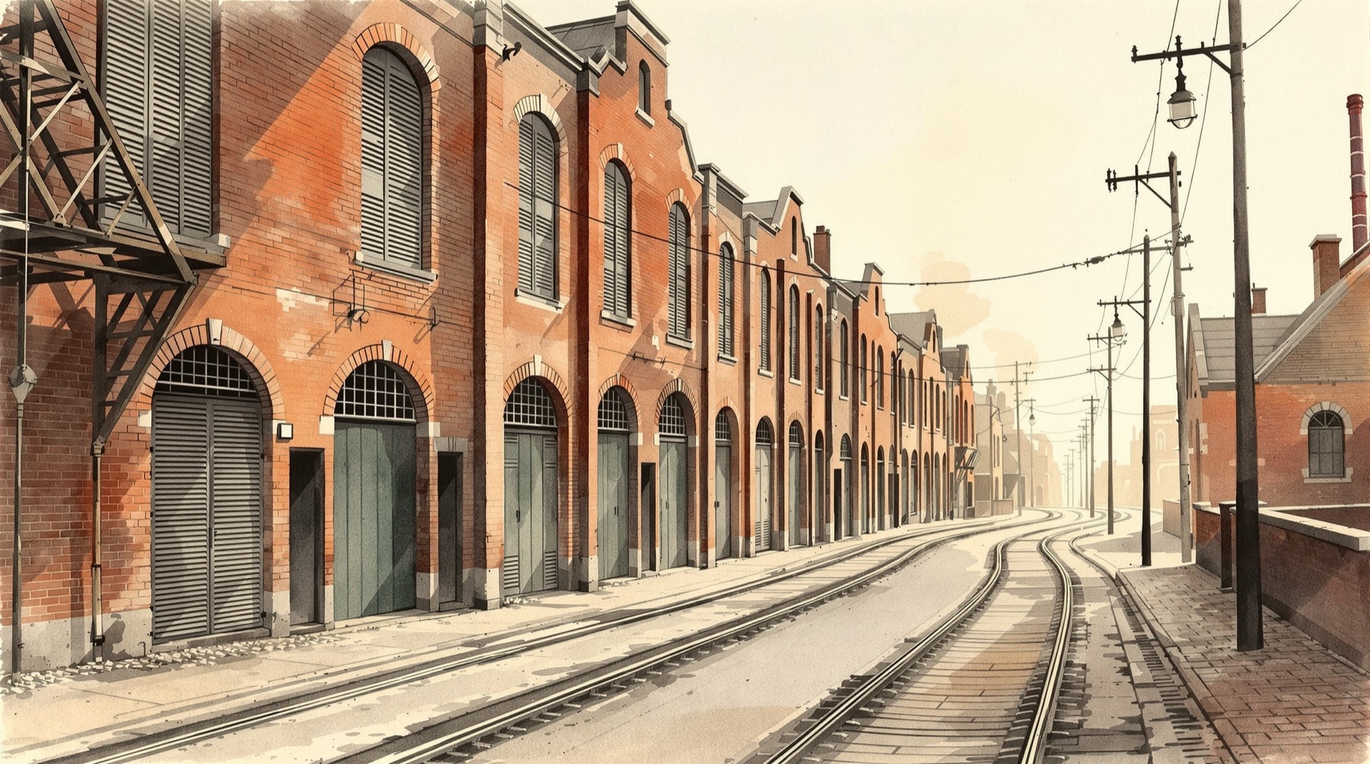 Ilustración contemporánea de una calle industrial de comienzos del siglo XX con almacenes y vía de tranvía