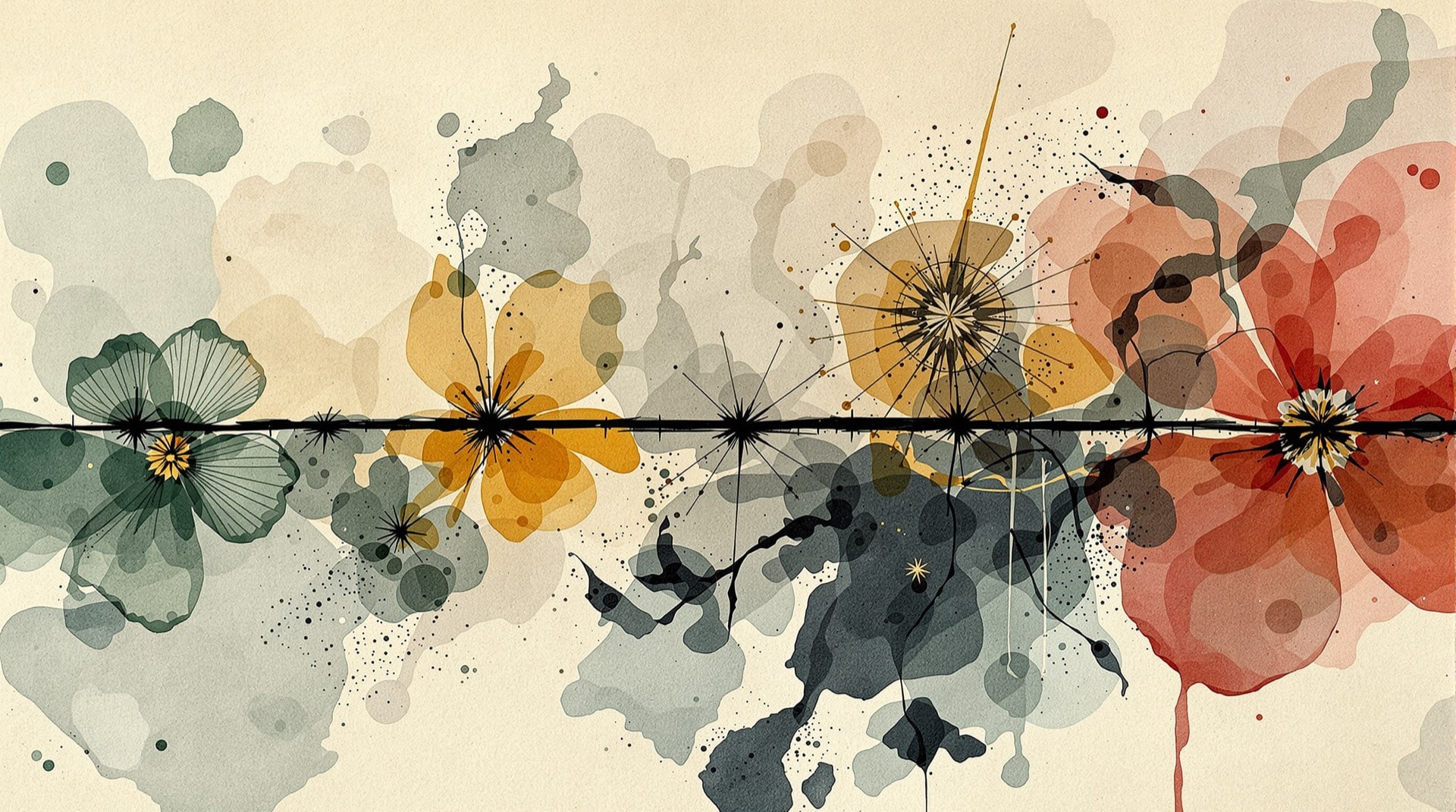Ilustración contemporánea de una línea de tiempo dibujada a mano sobre papel con manchas de acuarela